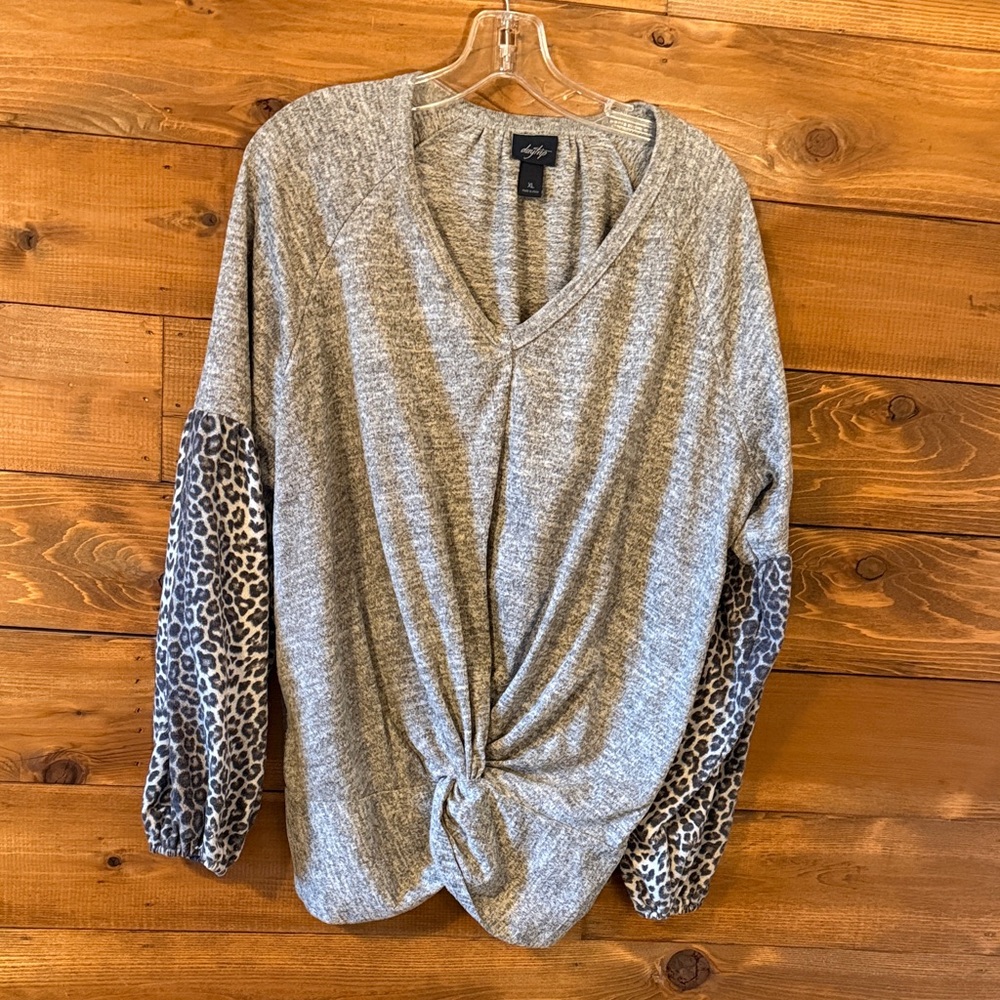 Joy Joy Gray V-Neck Knot Front Top with Leopard Sleeve Accents